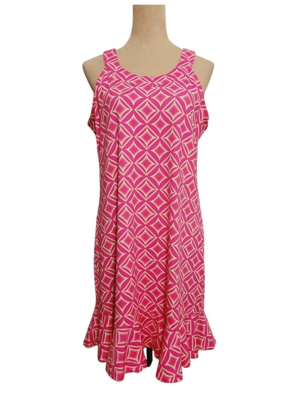 Lulu-B Women's SZ Large Pink Geometric Ruffle Hem Dress Stretch Coastal Grandma - Picture 2 of 10